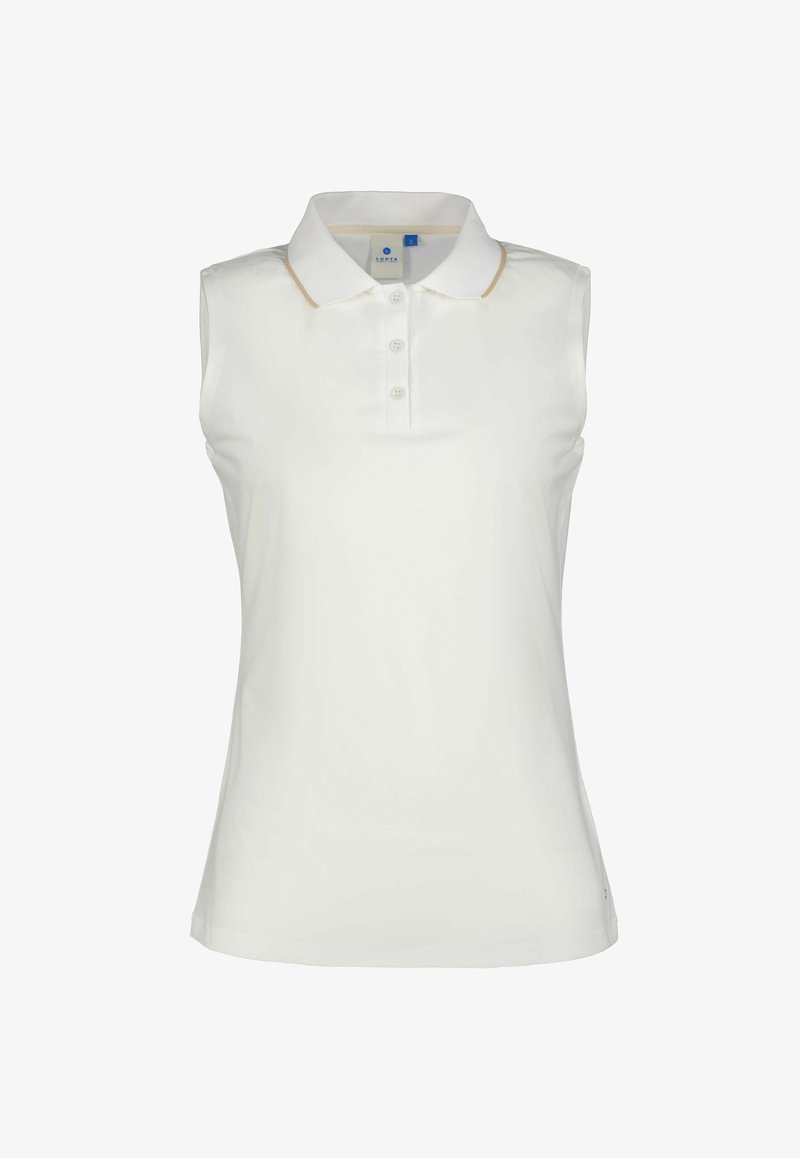 Bílé polo tričko bez rukávů se třemi knoflíky a béžovým lemováním kolem límce, vyrobené z hladké látky.