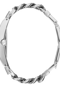 Bracelet en métal argenté avec un mélange de maillons plats et tordus, une finition lisse et polie, et un mécanisme de fermeture à clip.