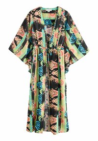Värikäs kimono-tyylinen viitta, jossa on kukkakuvio ja geometrisia kuvioita mustassa, vaaleanpunaisessa, vihreässä ja sinisessä. Valmistettu kevyestä kankaasta, jossa on leveät hihat.