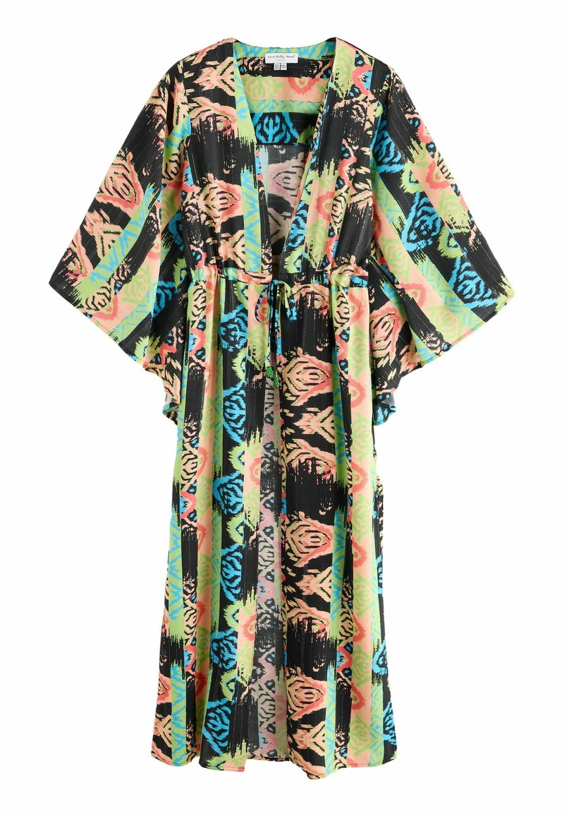 Värikäs kimono-tyylinen viitta, jossa on kukkakuvio ja geometrisia kuvioita mustassa, vaaleanpunaisessa, vihreässä ja sinisessä. Valmistettu kevyestä kankaasta, jossa on leveät hihat.