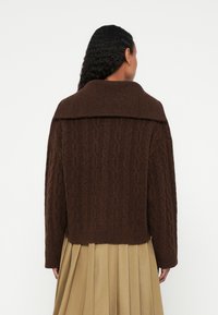 Pruun kaaberlõngast kampsun laia kraega, lühendatud lõikega ja tekstuurse kangaga. Modelli juuksed on lahtistes lainetes, seljas plisseeritud seelik.