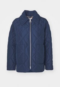 Navy blue quilted jacket with large collar, front zipper, and two patch pockets. Smooth texture with diamond pattern.