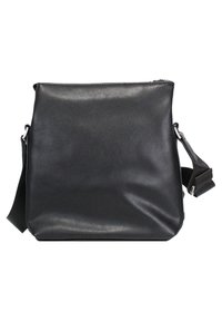 Borsa a spalla in pelle nera con finitura opaca, forma rettangolare, tracolla regolabile e chiusura superiore con cerniera.
