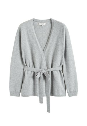 Cardigan grigio chiaro in morbido materiale lavorato a maglia. Presenta scollo a V, maniche lunghe e cintura in vita annodata. Polsini e orlo a coste.