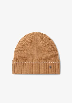 Brown knit beanie with a ribbed texture, featuring a turned-up brim and contrasting white stitching. Embellished with a small brand logo.