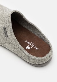 Grå innesandal med rundad form, mjuk brun sula och subtil logotypdetalj på sidan. Texturerat ytmaterial.