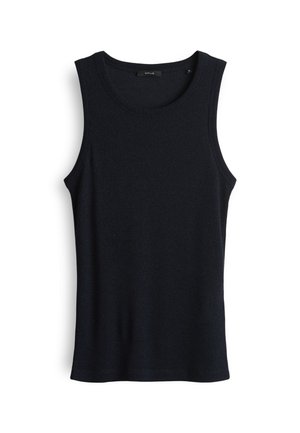 Navy blue sleeveless tank top with a ribbed texture, round neckline, and regular fit. Tag visible on the inside of the collar.