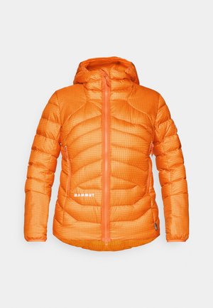 Orange insulated jacket featuring a grid pattern, zippered front, and hood. Includes side pocket and logo detail on the lower front.