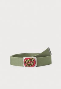 Green woven belt featuring a metal clasp with a red and yellow "SANTA CRUZ" logo. The design is flat with a smooth texture.