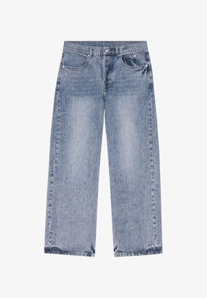 Hellblaue Denim-Jeans mit geradem Bein, Vordertaschen, Gürtelschlaufen und einem Knopfverschluss an der Taille.