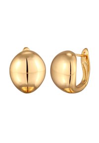 Goldfarbene Ohrringe mit einem glatten, runden Design. Verfügt über einen schwenkbaren Verschluss für sicheren Halt. Die Oberfläche hat ein poliertes, reflektierendes Finish.