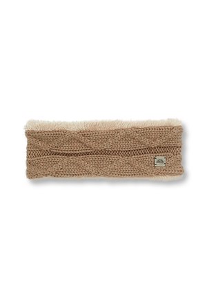 Gebreide hoofdband in lichtbruin met een zachte, crèmekleurige faux fur voering. Bevat een subtiel kabelpatroon en een klein metalen merkembleem.