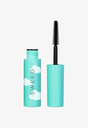 Turquoise mascara tube with white cloud pattern; black bristle wand is visible. The brand name "SWEED" is printed on the tube.