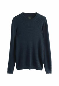 Marineblauer, gestrickter Pullover mit geometrischer Textur, rundem Ausschnitt und langen Ärmeln. Ribbed Bündchen und Saum betonen das Design.