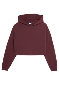 Sweat à capuche court couleur bordeaux en tissu doux, avec une capuche à cordon, des manches longues et des poignets côtelés. Texture lisse avec une coupe décontractée.