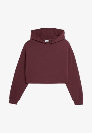 Bordó cropovaná mikina z měkké látky, s kapucí na stahovací šňůrku, dlouhými rukávy a žebrovanými manžetami. Hladká textura a volný střih.