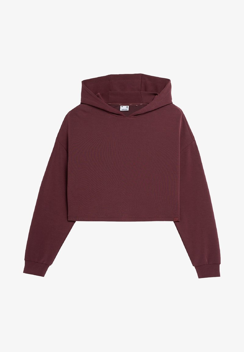 Sweat à capuche court couleur bordeaux en tissu doux, avec une capuche à cordon, des manches longues et des poignets côtelés. Texture lisse avec une coupe décontractée.