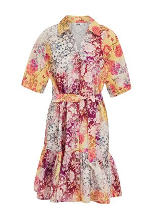 Floral shirt dress with short sleeves, button front, waist tie, and tiered skirt in yellow, pink, purple, white, and blue hues.