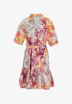 Floral shirt dress with short sleeves, button front, waist tie, and tiered skirt in yellow, pink, purple, white, and blue hues.