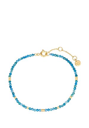 Blauer Schmuckarmband mit goldenen Akzenten. Aus runden, facettierten Perlen in verschiedenen Blautönen, unterbrochen von goldenen Zwischenstücken und einem Verschluss.