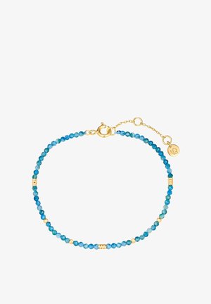 Blauer Schmuckarmband mit goldenen Akzenten. Aus runden, facettierten Perlen in verschiedenen Blautönen, unterbrochen von goldenen Zwischenstücken und einem Verschluss.