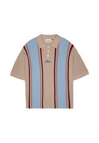 Short-sleeve polo shirt with a beige base, featuring blue and burgundy vertical stripes, textured fabric, three-button placket, and embroidered logo.