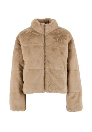 Beige Kunstfell-Cropped-Jacke mit hohem Kragen, Frontreißverschluss und gesteppten Einsätzen. Weiche Textur und lässige Passform mit weiten Ärmeln.
