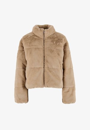 Béžová umelá kožušina skrátená bunda s vysokým golierom, predným zipsom a prešívanými panelmi. Mäkká textúra a voľný strih s širokými rukávmi.