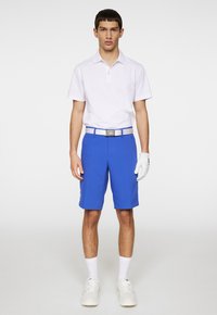 Biała koszulka polo, niebieskie szorty z paskiem i logo, białe buty, białe skarpetki oraz rękawica golfowa na lewej dłoni. Swobodny sportowy strój.