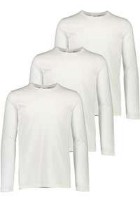 Pakke med tre hvidt langærmede t-shirts. Lavet af blødt stof, med runde halsudskæringer og lige afslutninger uden mønstre eller accenter.