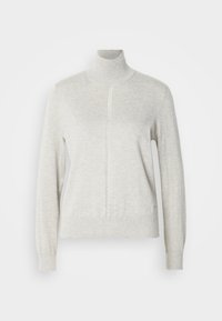 Pull à col roulé gris clair à manches longues avec une couture verticale au centre devant, poignets et ourlet côtelés.