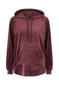 Bordeaux kleurige hoodie gemaakt van zachte, pluizige stof, met een voorkant kangaroo zak en ribgebreide manchetten in een relaxte pasvorm.