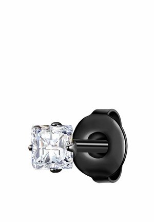 Kvadrātveida caurspīdīga auskaru forma ar melnu metāla pamatni un tapu. Dizainam ir tīras līnijas un spīdīga, pulēta virsma.