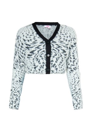 Gekürzte flauschige Strickjacke mit schwarz-weißem Animal-Print, schwarzer Knopfleiste vorne und langen Ärmeln.
