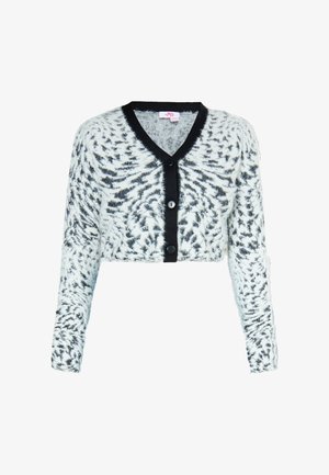 Gekürzte flauschige Strickjacke mit schwarz-weißem Animal-Print, schwarzer Knopfleiste vorne und langen Ärmeln.