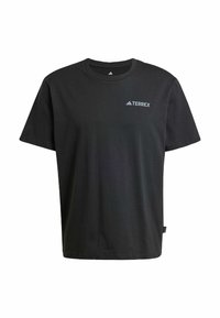 Black cotton T-shirt with short sleeves, crew neck design, and a small white TERREX logo on the chest. Smooth, lightweight fabric.