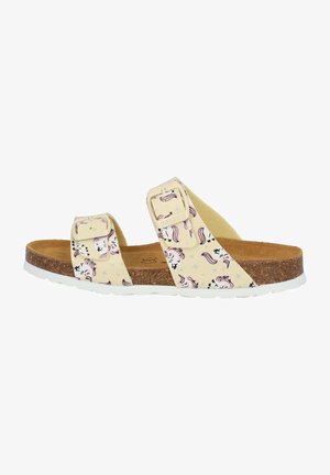Helle gelbe Sandalen mit zwei verstellbaren Riemen, ausgestattet mit einem Einhorn-Motiv, einem Korkfußbett und einer weißen Gummisohle.