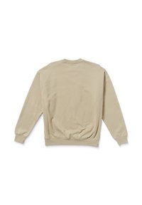 Sudadera beige con puños y dobladillo acanalados, cuello redondo y costuras laterales. Tejido suave con una textura lisa y un diseño minimalista.