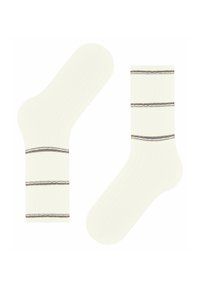 Calzini a coste color panna con righe orizzontali blu e marroni. Tessuto morbido con forma standard e lunghezza alla caviglia.