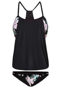 Tankini noir avec des accents à imprimé floral sur les côtés supérieurs et un bas de bikini assorti. Fabriqué en tissu lisse et extensible.