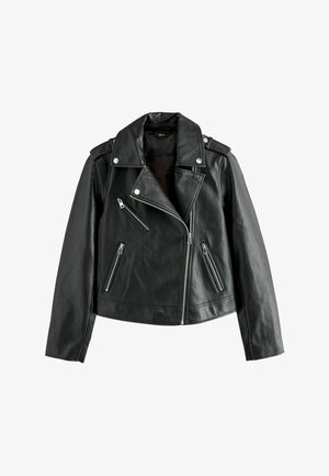 Črna usnjena motoristična jakna s srebrnimi zadrgami in pritiski. Ima izrezan ovratnik, žepe z zadrgo in skrajšano zasnovo. Gladka tekstura.