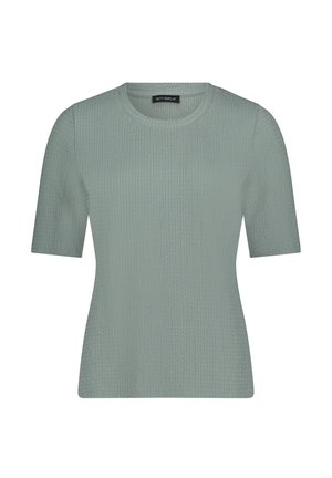 Leicht salbeigrünes, strukturiertes Strickoberteil mit kurzen Ärmeln, Rundhalsausschnitt und figurbetonter Silhouette.