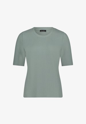 Leicht salbeigrünes, strukturiertes Strickoberteil mit kurzen Ärmeln, Rundhalsausschnitt und figurbetonter Silhouette.