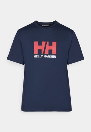 Sötétkék pamut póló rövid ujjakkal, amelyen egy feltűnő piros és fehér "HH" logó található, alatta a "HELLY HANSEN" felirattal.