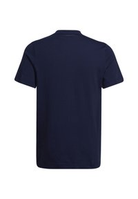 Navy cotton t-shirt with a crew neck, short sleeves, and a straight hem. Features a smooth texture and a simple, solid color design.