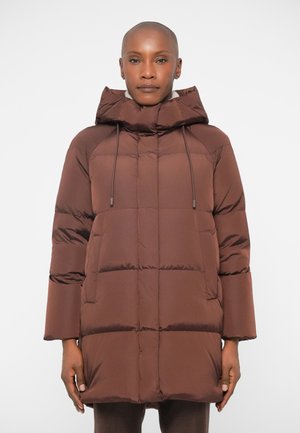 Brown puffer coat with a hood, featuring a quilted design, drawstring accents, and loose-fitting sleeves. Smooth, shiny material with side pockets.