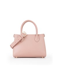 Borsa a tracolla in pelle sintetica rosa con due manici corti, una tracolla removibile e hardware in tonalità oro. Presenta un design piatto e strutturato con logo.