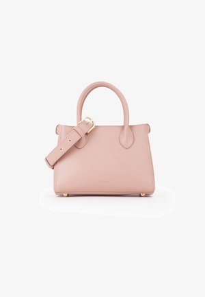 Pink syntetisk læder handbag med to korte håndtag, en aftagelig rem og hardware i guldfarve. Har et fladt, struktureret design og logo.