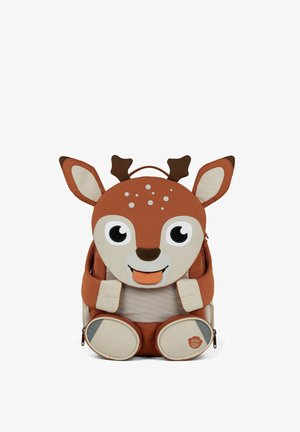 Brown and beige children's backpack shaped like a smiling deer with large eyes, ears, antlers, and paws on a white background.