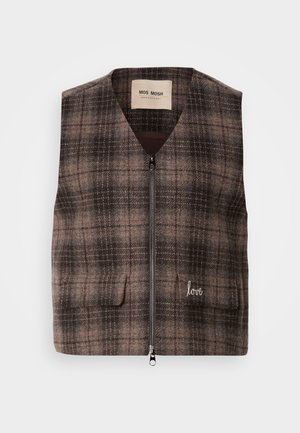 Gilet à carreaux marron avec un design en V, fermeture éclair à l'avant et deux poches avant. Présente le mot "love" brodé en fil blanc sur le devant.
